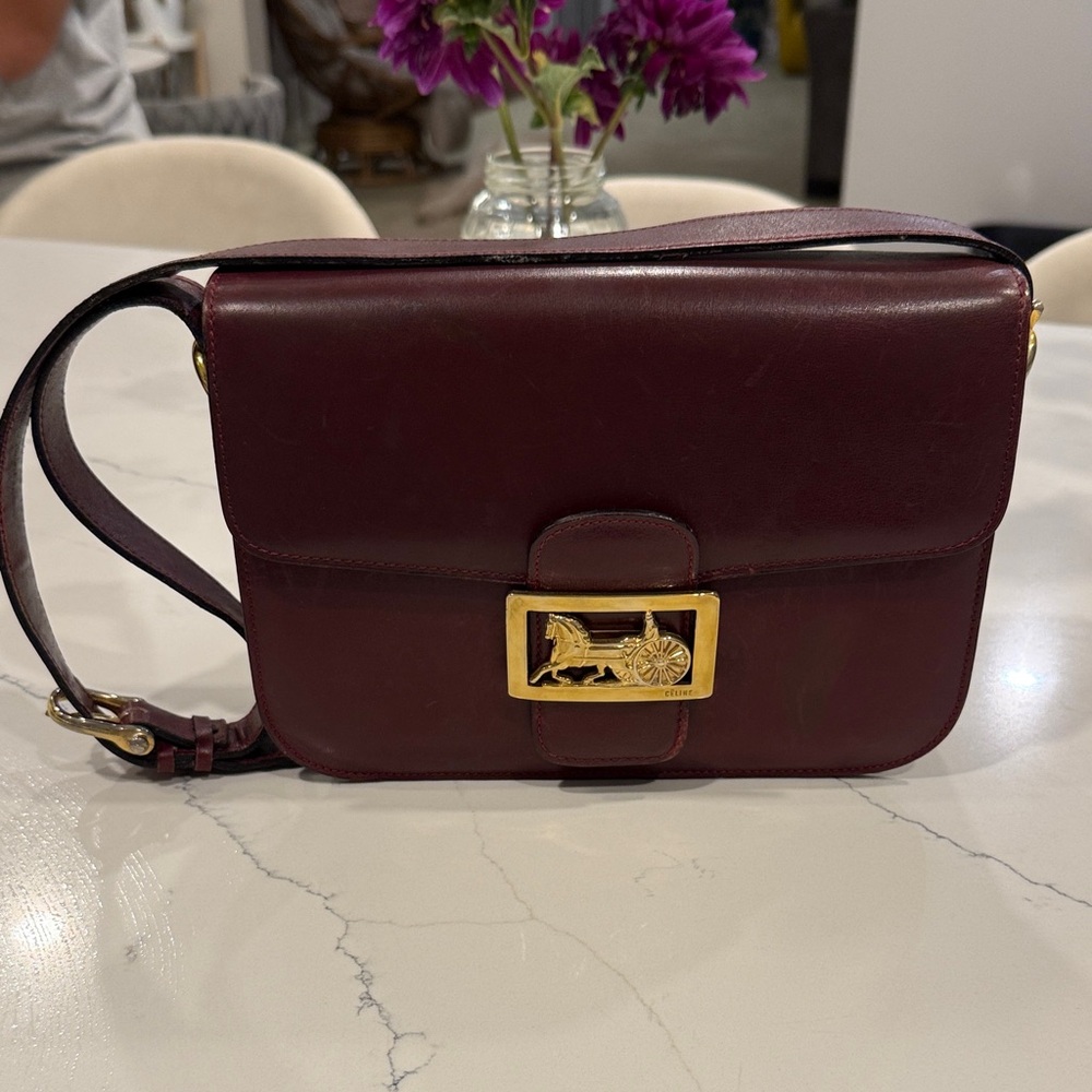 Celine Deep Burgundy Crossbody Bag with Gold Detail